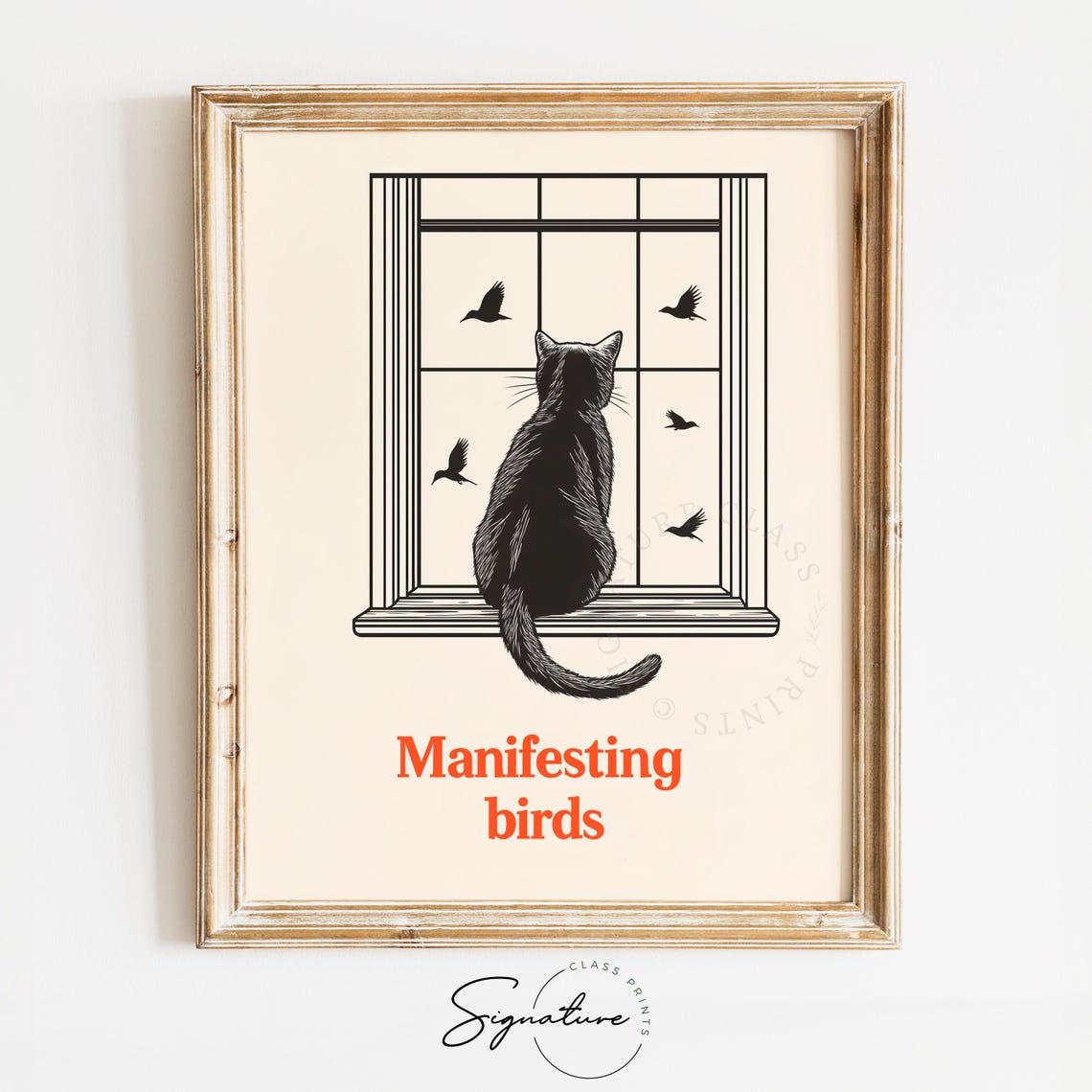 Manifesting Birds Black Cat Window Watcher Retro Quote Wall Art