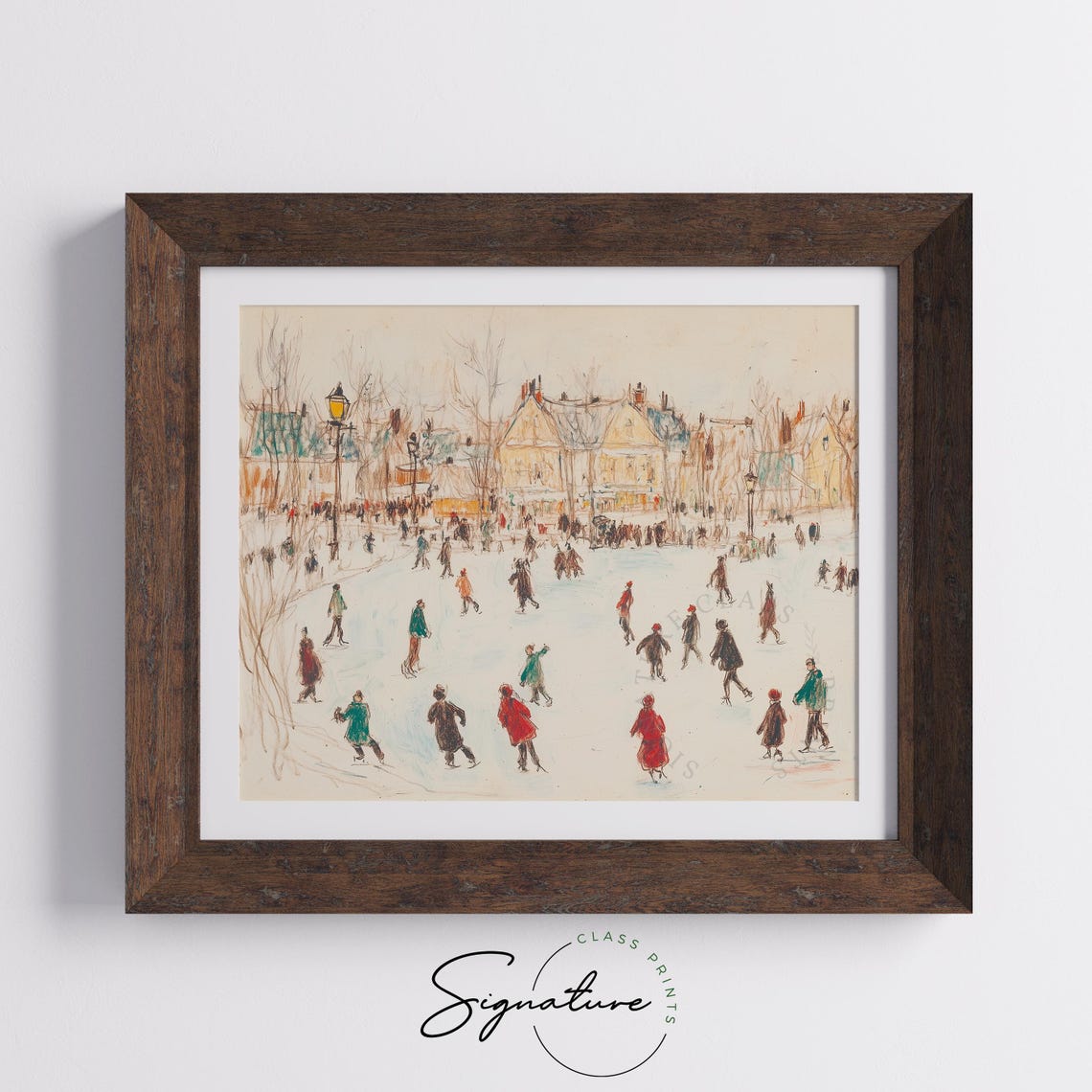 Village Ice Skating Scene With Colorful Sketch Figures Winter Poster - Image 5