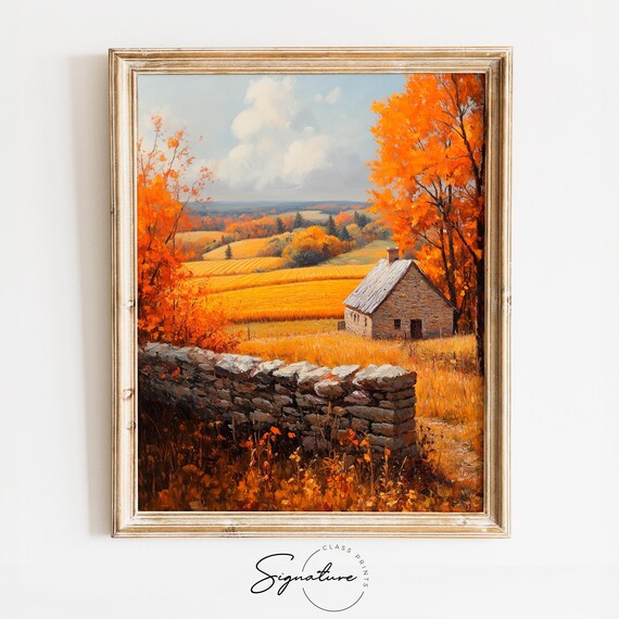 Stone Cottage and Rock Wall in Golden Autumn Field Landscape Poster