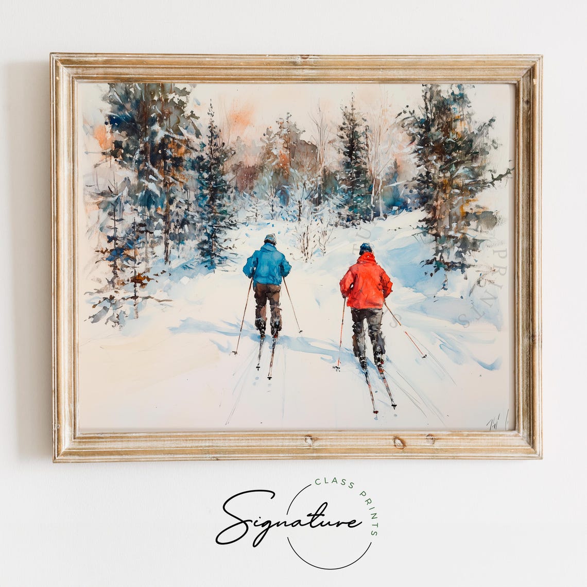 Two Cross Country Skiers In Snowy Forest Watercolor Winter Poster
