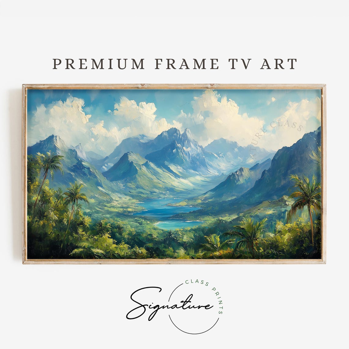Tropical Palm Valley With Blue Mountain Lake Lush Frame TV Wall Art