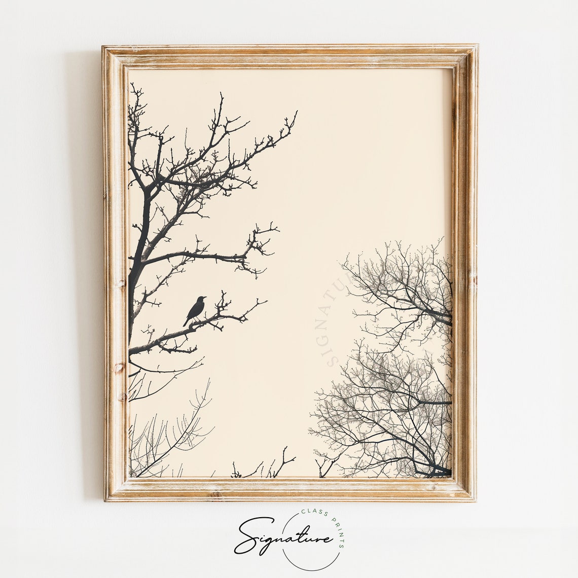 Lone Bird In Bare Winter Trees Against Pale Sky Nature Poster