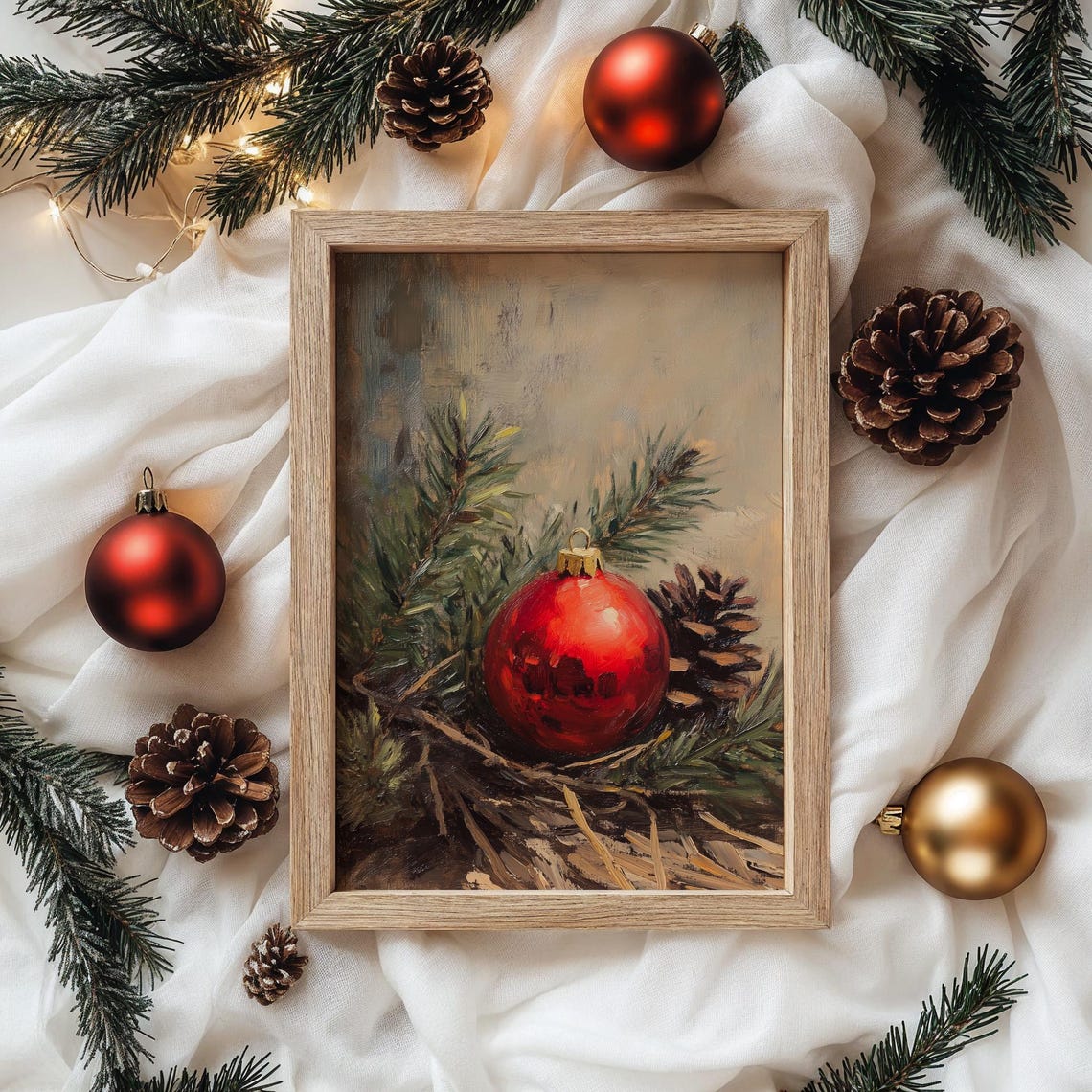 Red Christmas Ornament With Pinecone and Evergreen Branches Poster - Image 4