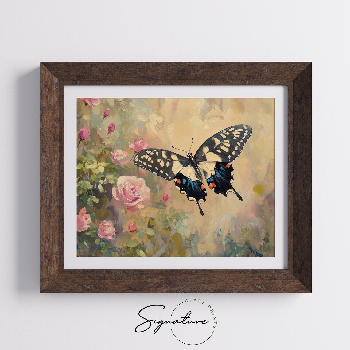 Swallowtail Butterfly Over Pink Roses Vintage Insect Floral Wall Art - Image 5