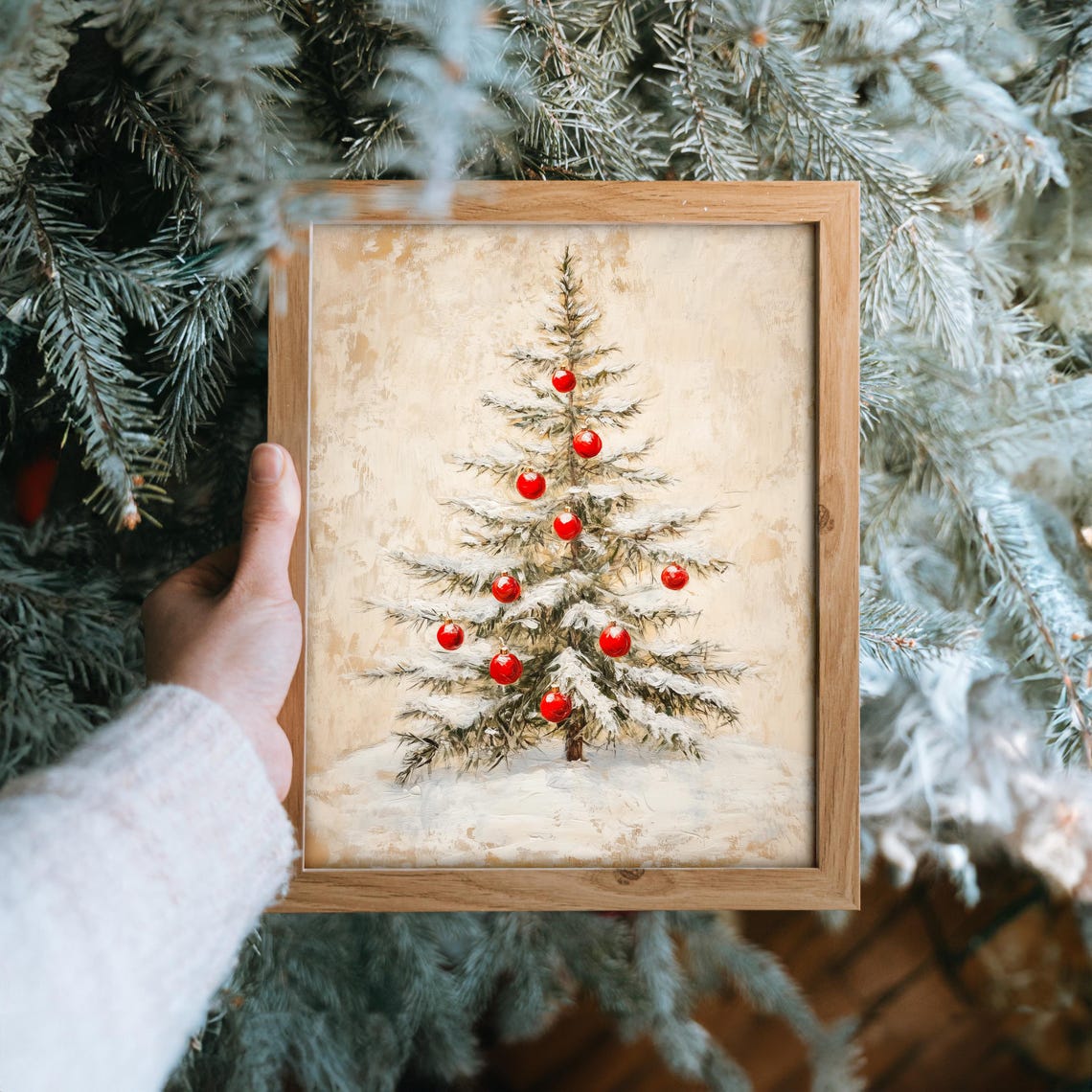 Minimalist Snowy Christmas Tree with Red Baubles Holiday Poster - Image 6