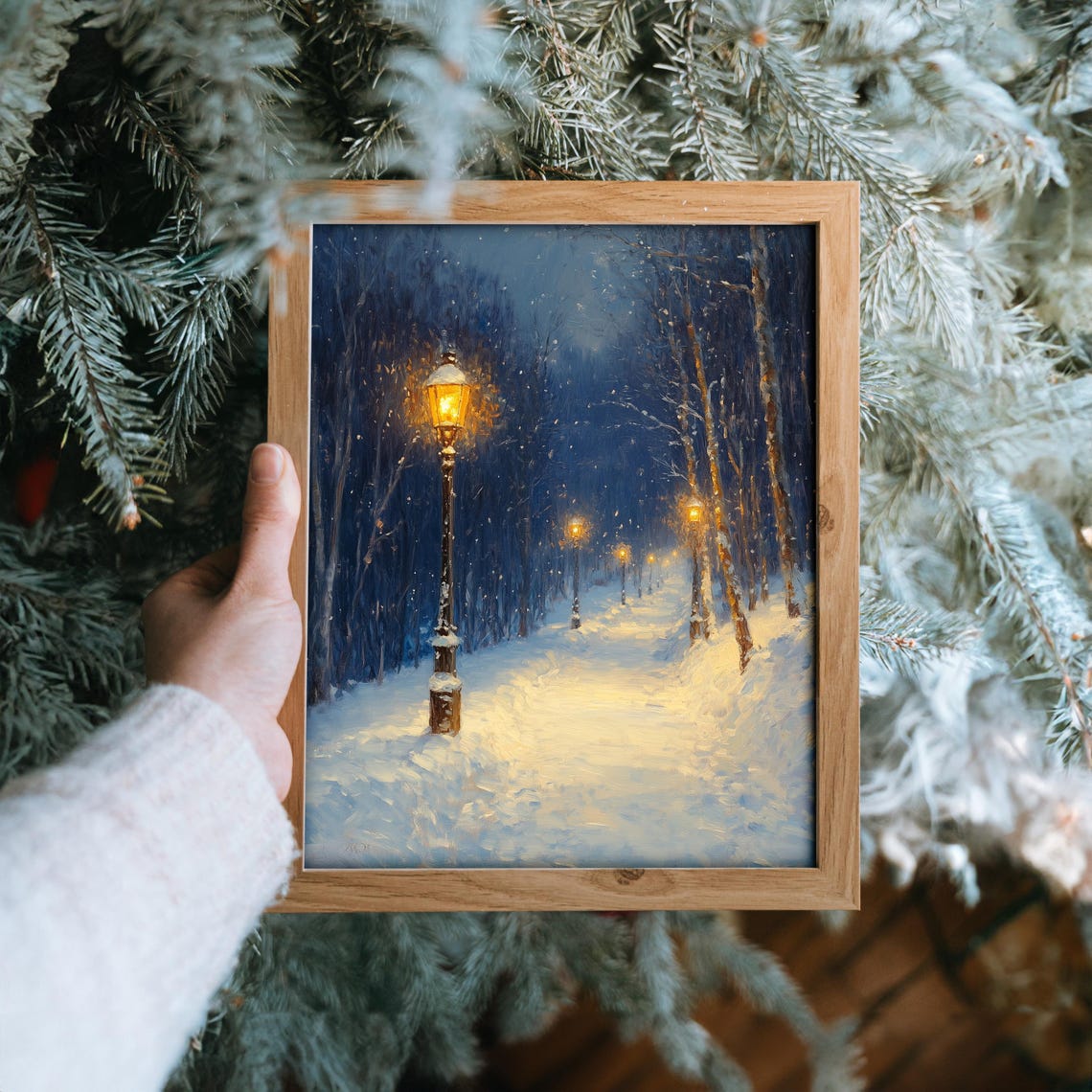 Snowy Night Park Path with Glowing Lampposts and Falling Snow Poster - Image 6