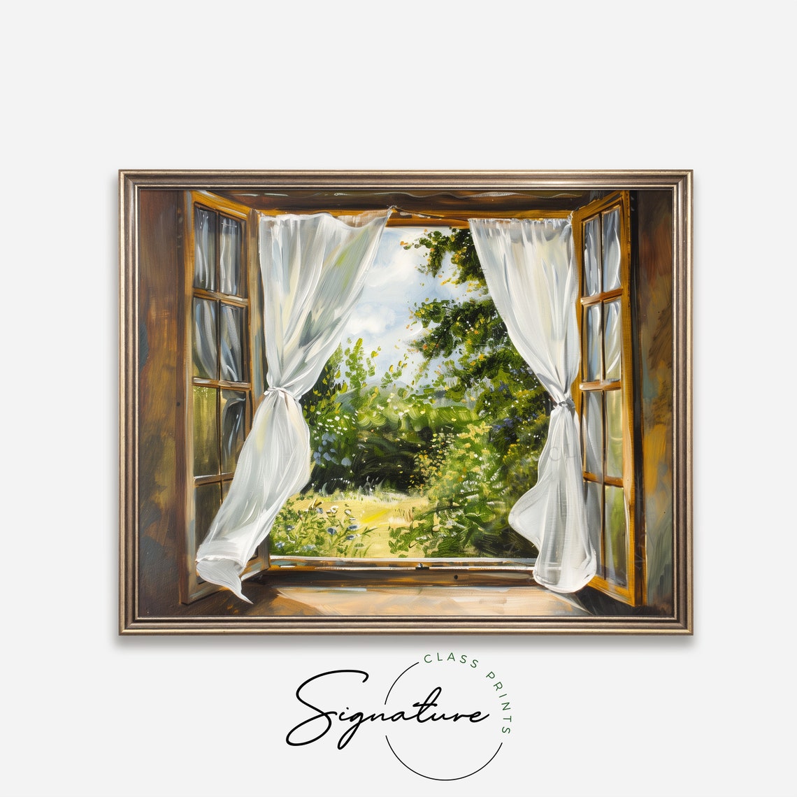 Open Window Billowing Sheer Curtains Summer Garden View Poster - Image 4