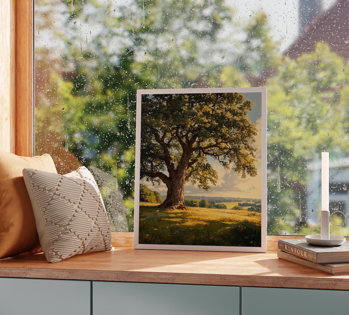 Grand Oak Tree In Golden Meadow Landscape Oil Painting Poster - Image 2