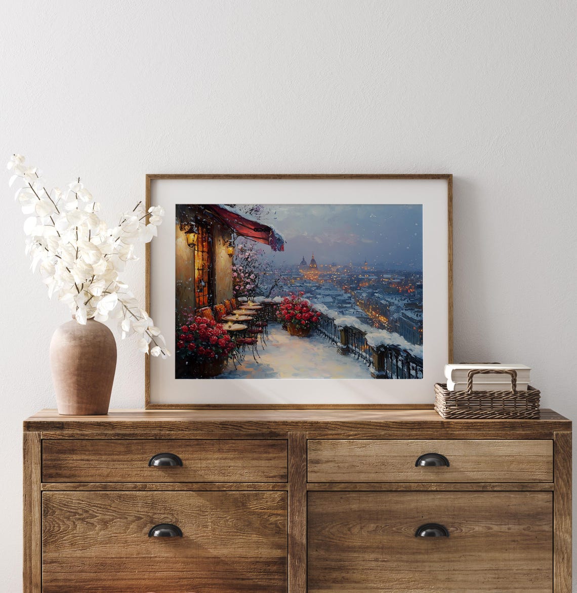 Rooftop Cafe In Winter Snowy Terrace Roses City Lights Wall Art - Image 4