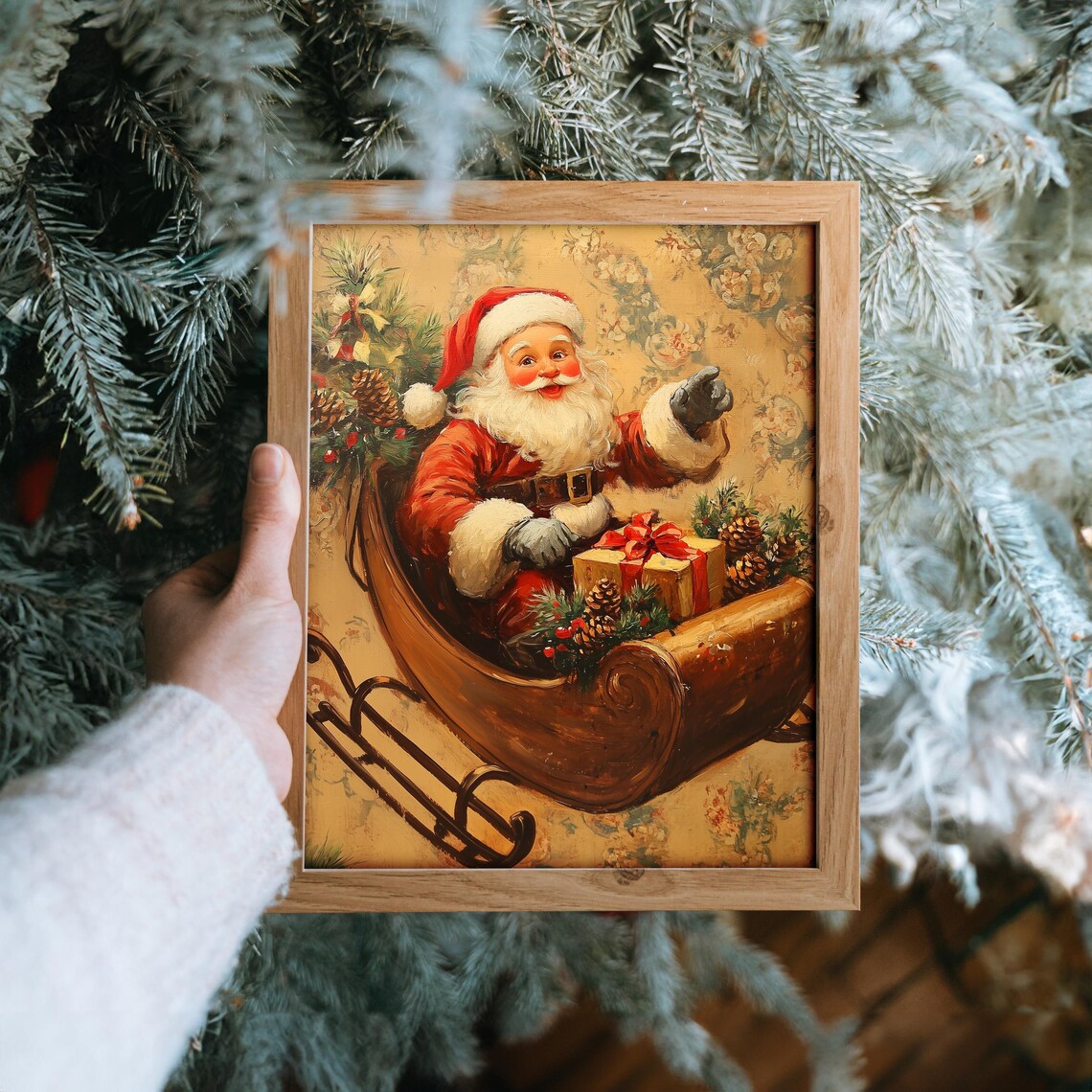 Santa Claus Riding Wooden Sleigh with Gift Vintage Christmas Print - Image 6