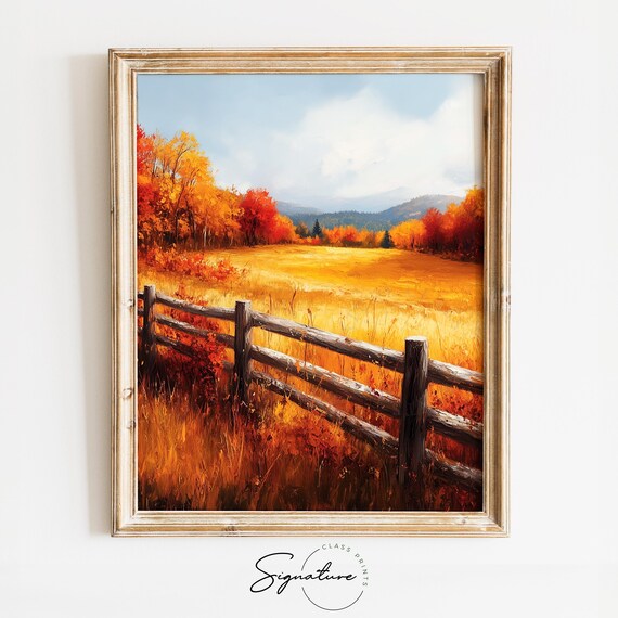 Autumn Meadow with Wooden Fence and Distant Mountain View Poster