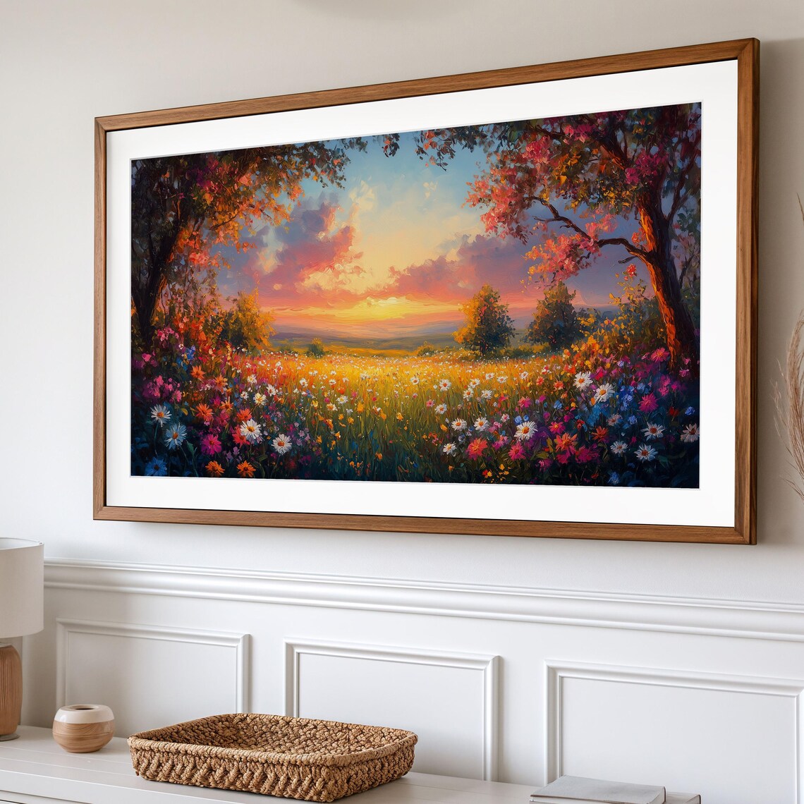 Sunset Wildflower Meadow Vibrant Spring Blossoms Colorful Landscape Art Poster - Image 2