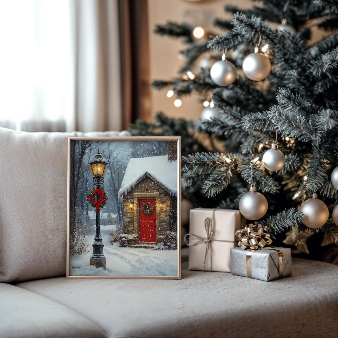 Glowing Christmas Lamppost with Wreath by a Cottage in Snow Poster - Image 5