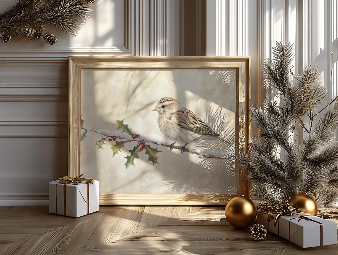 Crimson Redpoll On Snowy Birch Branch With Red Berries Winter Print - Image 6