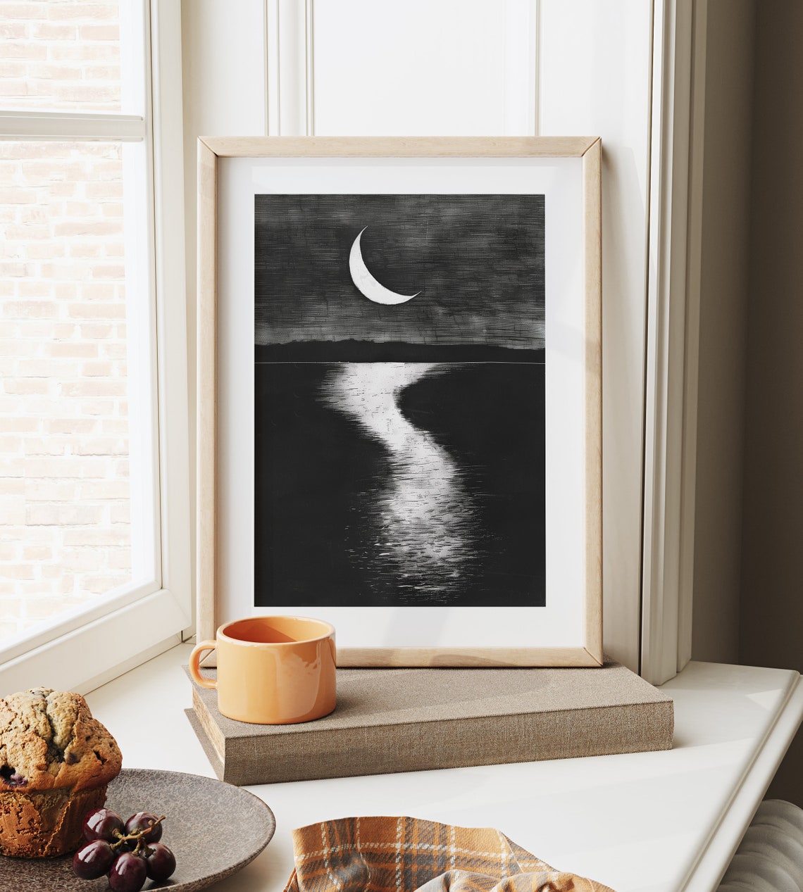 Crescent Moon Over Quiet Lake Night Reflection Sketch Poster - Image 6