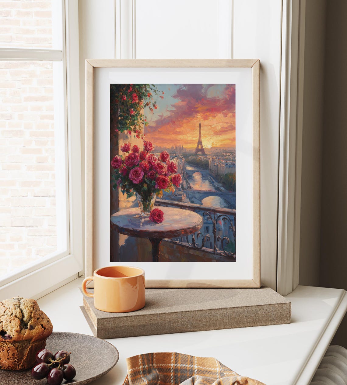 Paris Balcony Roses Eiffel Tower Sunset Seine View Romantic Art Poster - Image 6
