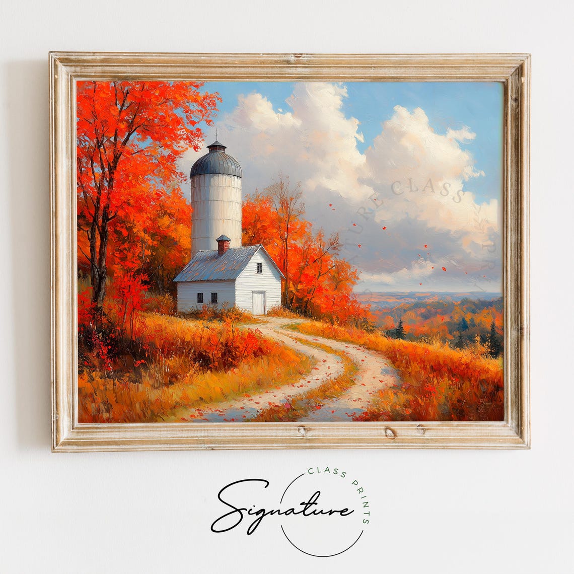 White Farmhouse with Silo Along Winding Road in Autumn Poster