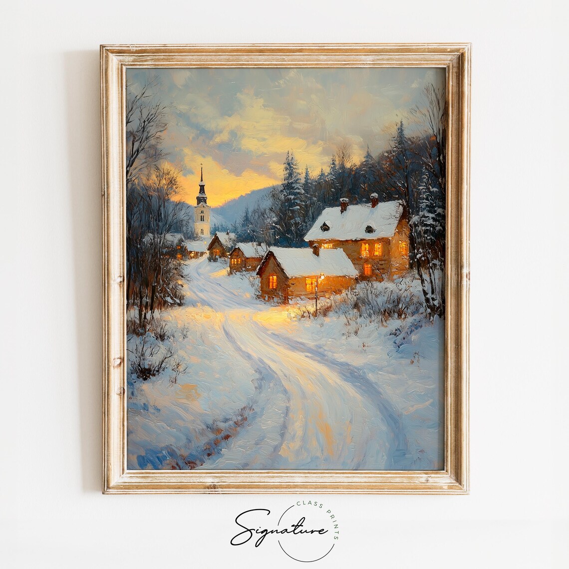 Snowy Village Church at Sunset with Glowing Cottages Holiday Poster