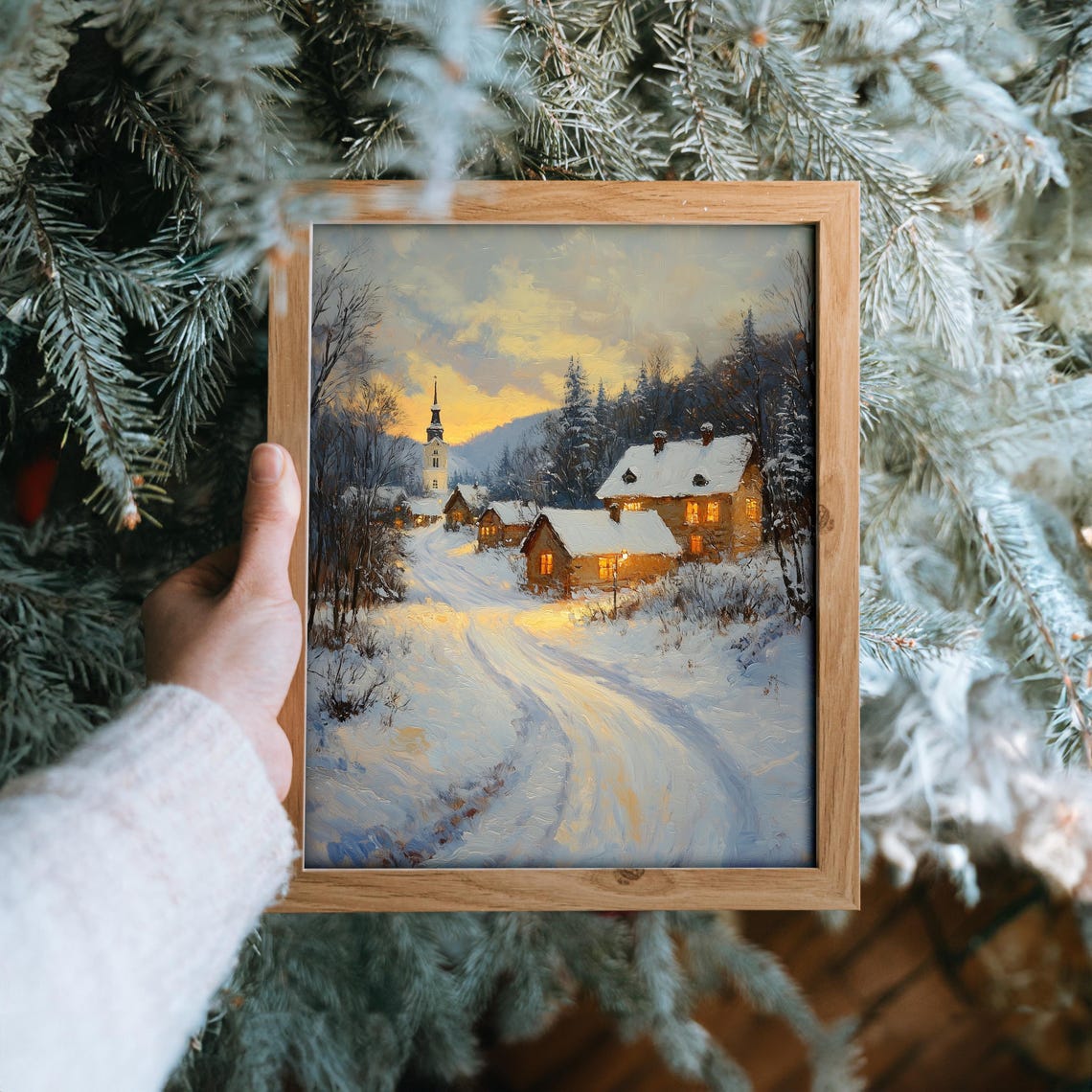 Snowy Village Church at Sunset with Glowing Cottages Holiday Poster - Image 6