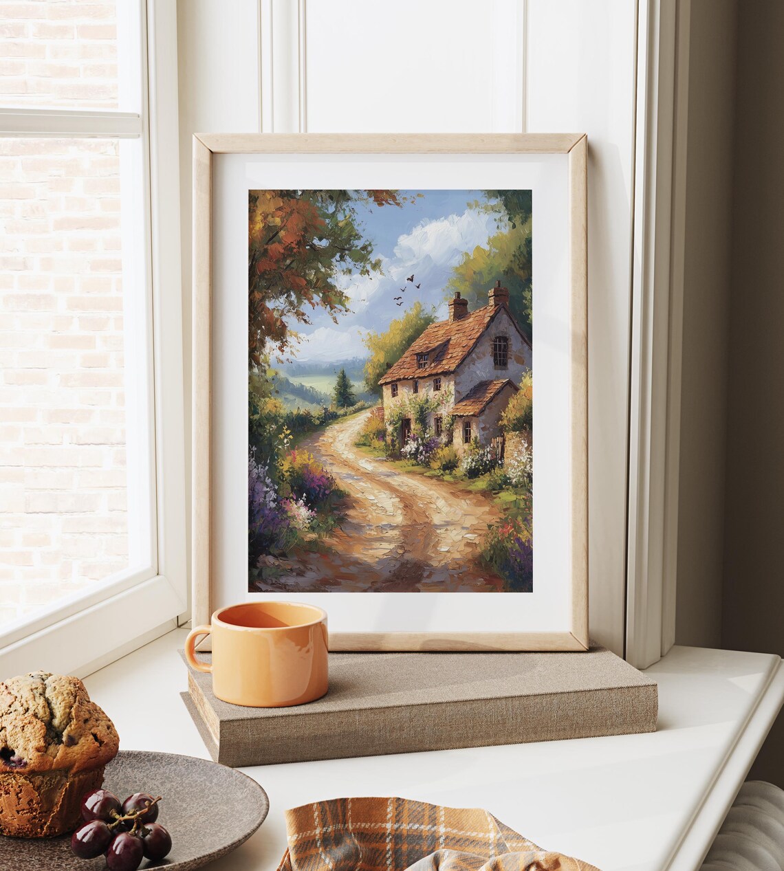 Country Lane to Stone Cottage Wildflowers Birds Summer Print - Image 4