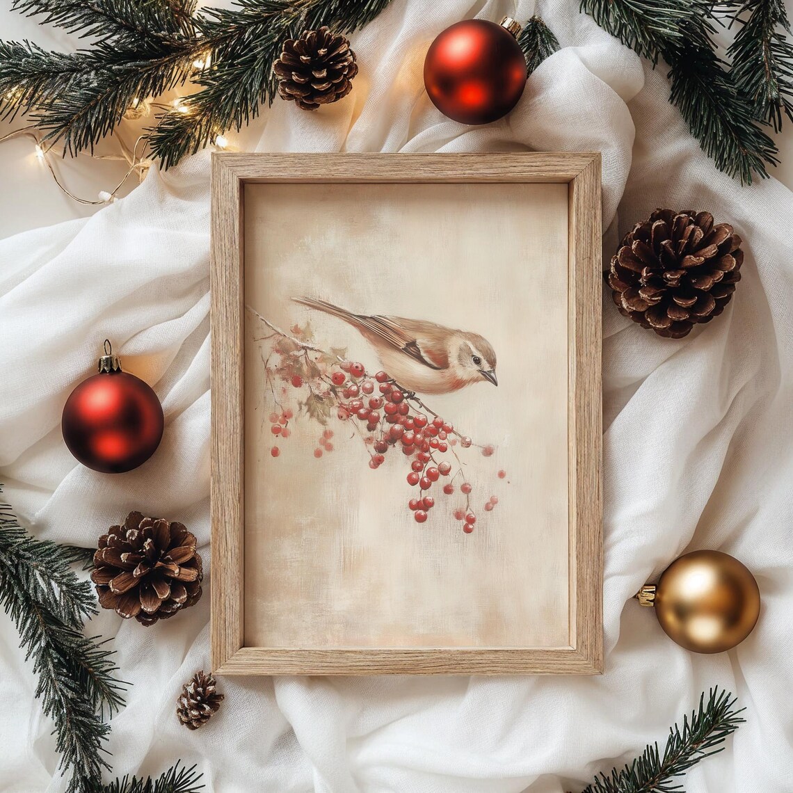 Songbird Resting on Red Winter Berries Vintage Winter Poster - Image 4