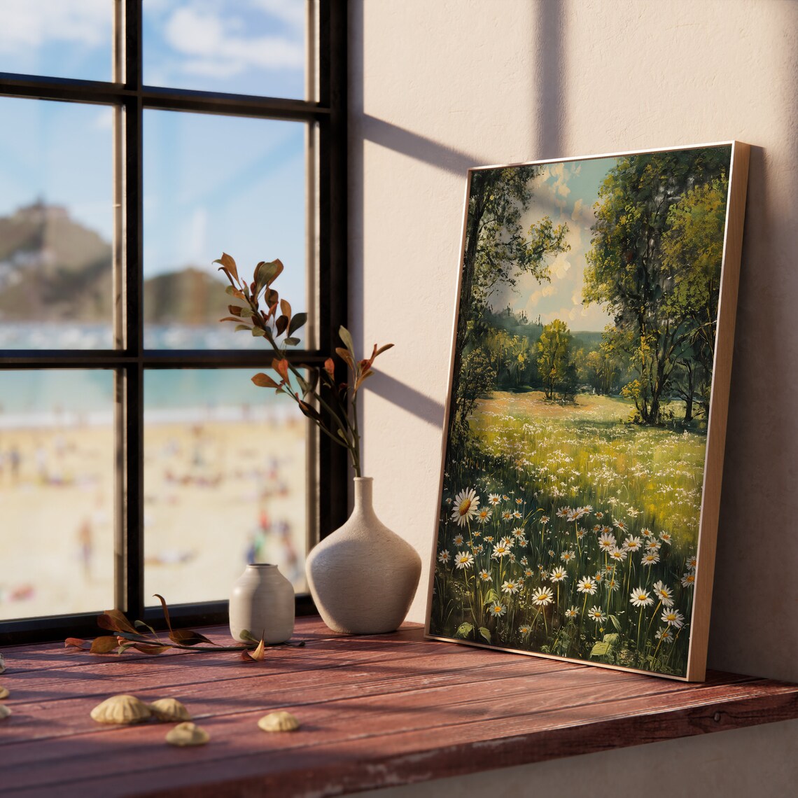 Daisy Meadow Woodland Edge White Flowers Sunny Clearing Nature Oil Poster - Image 5