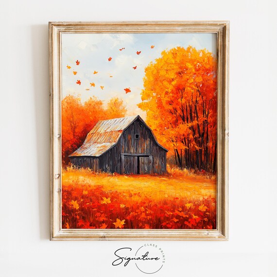 Weathered Wooden Barn Amid Falling Leaves And Blazing Autumn Trees Poster