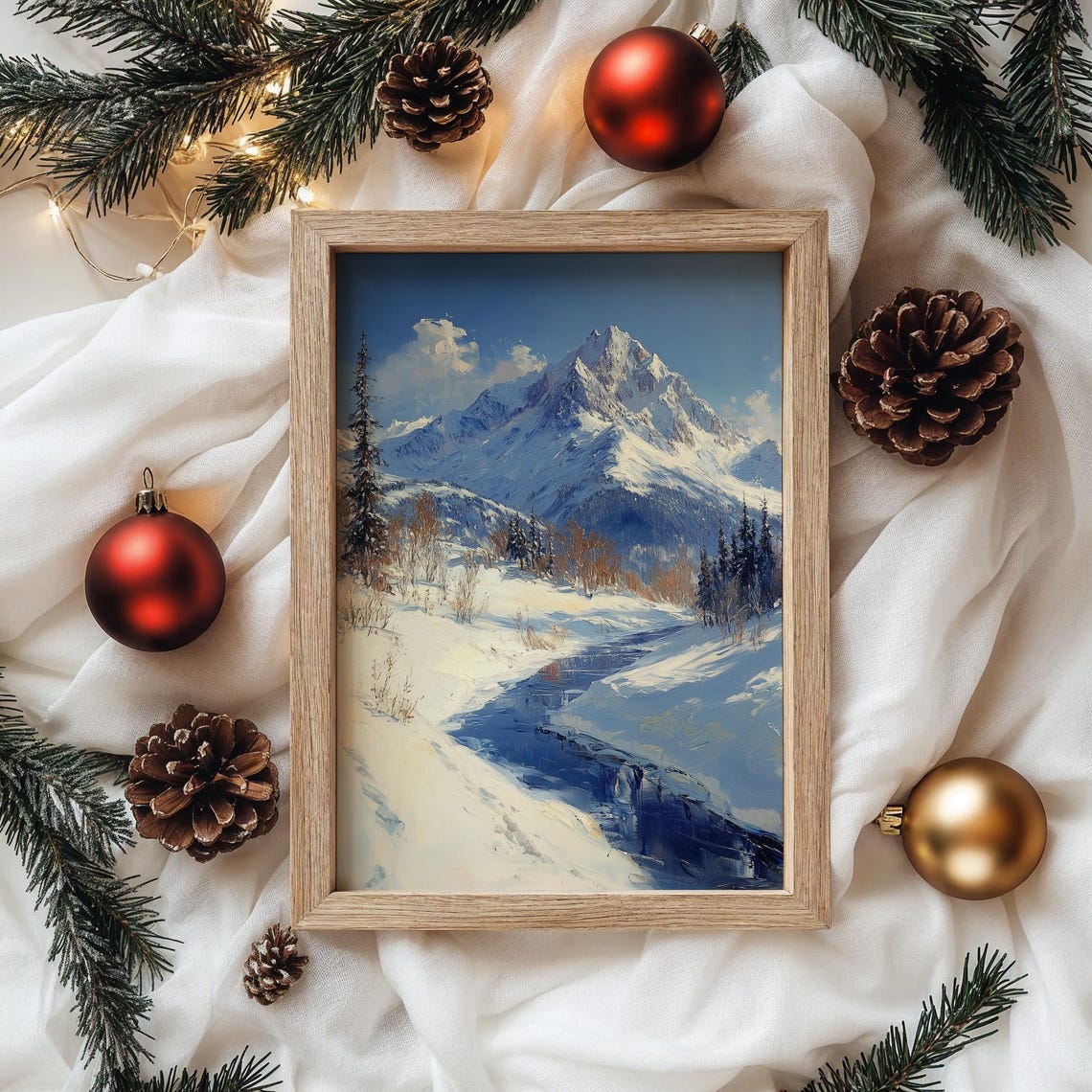 Snowy Mountain Peak With Pine Trees And Winding Stream Poster - Image 4