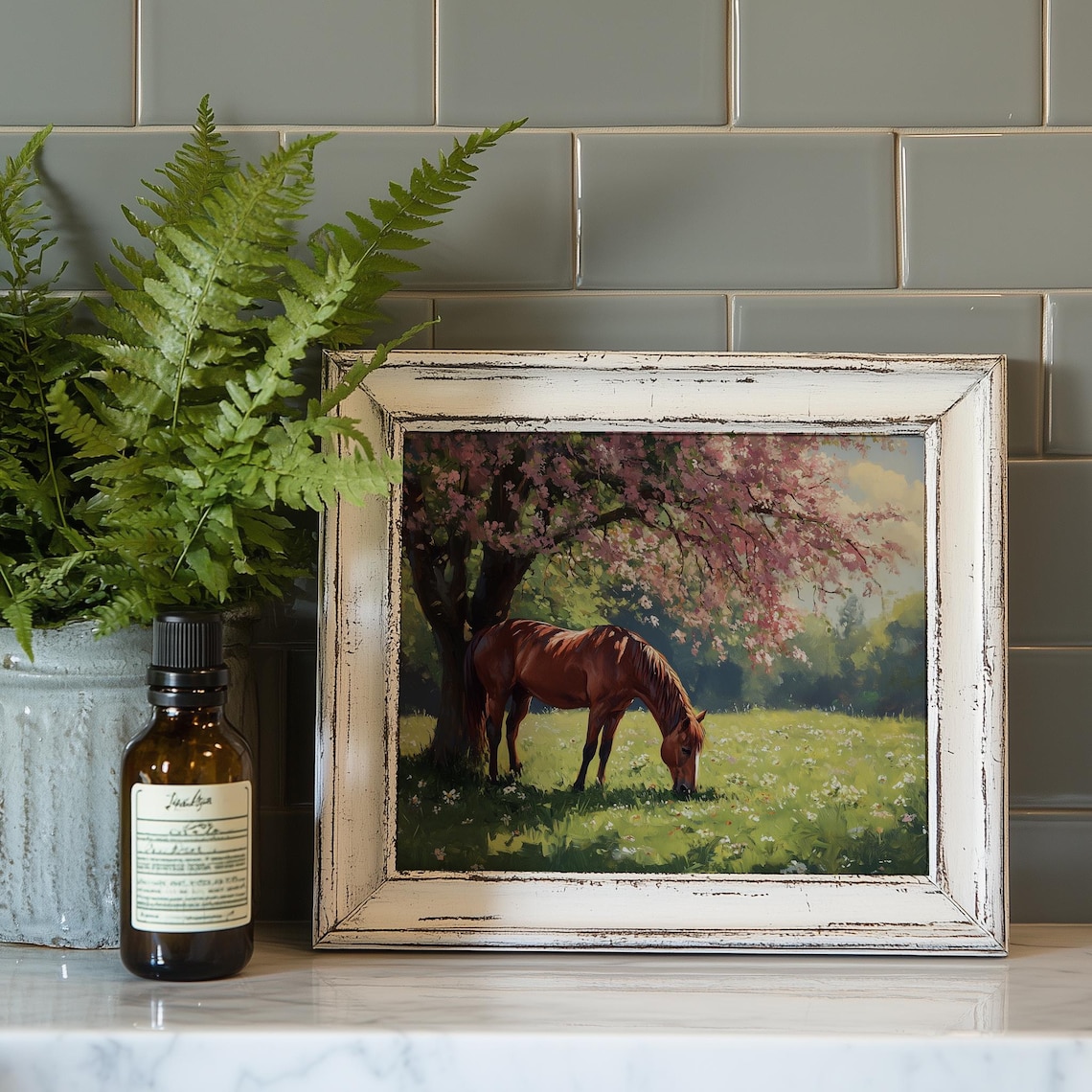Horse Grazing Under Flowering Tree, Vintage Country Scene - Image 4