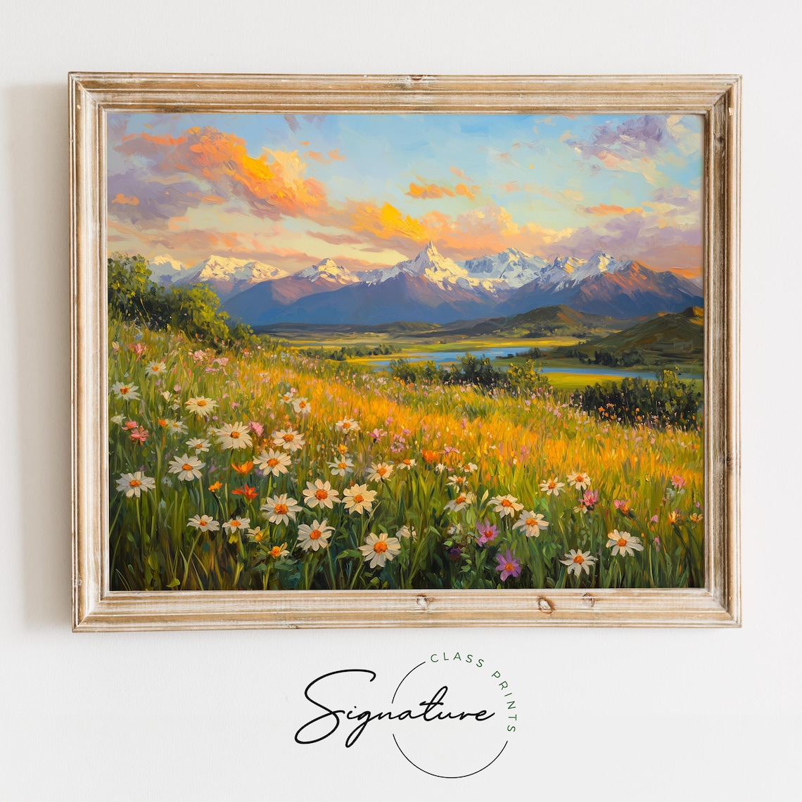 Snow Capped Mountain Sunrise Wildflower Meadow Golden Landscape Print