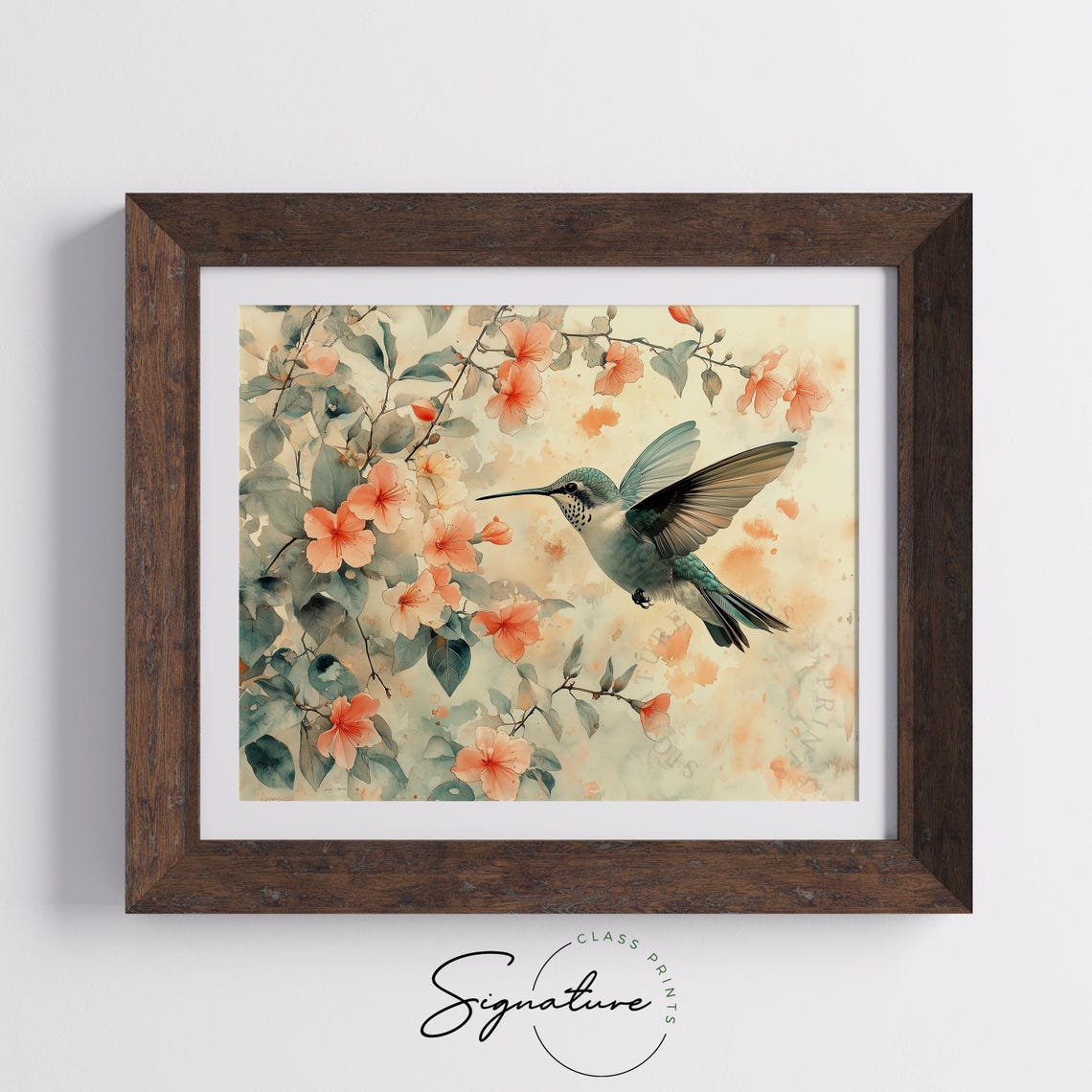 Hummingbird Hovering Among Peach Blossoms Soft Watercolor Bird Poster - Image 5