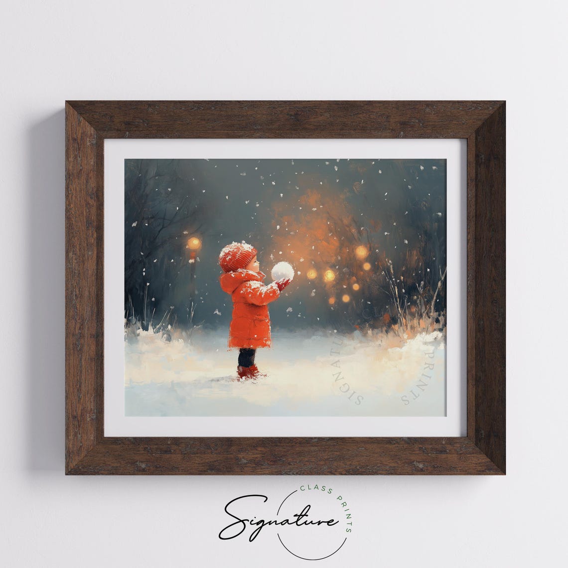 Child in Red Coat Holding Snowball on Snowy Winter Night Art Poster - Image 5