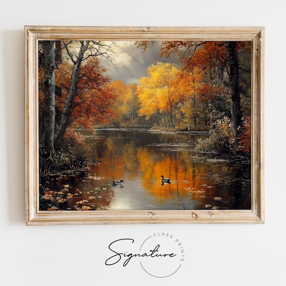Two Ducks on an Autumn Lake Amid Flaming Red and Gold Trees Poster