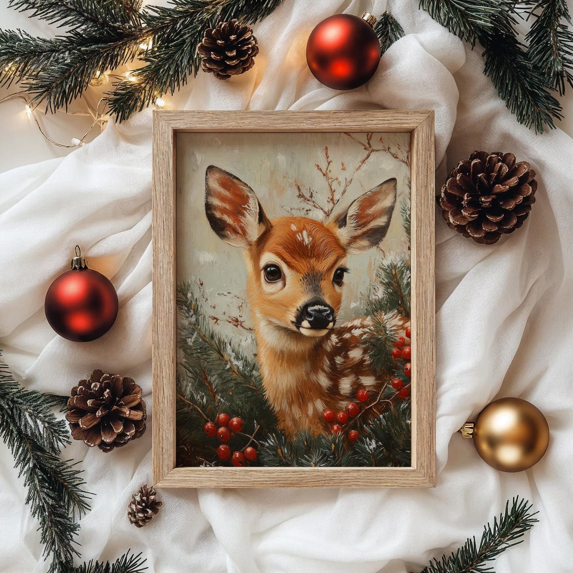 Fawn Among Pine Branches and Red Berries Winter Oil Painting Print - Image 4