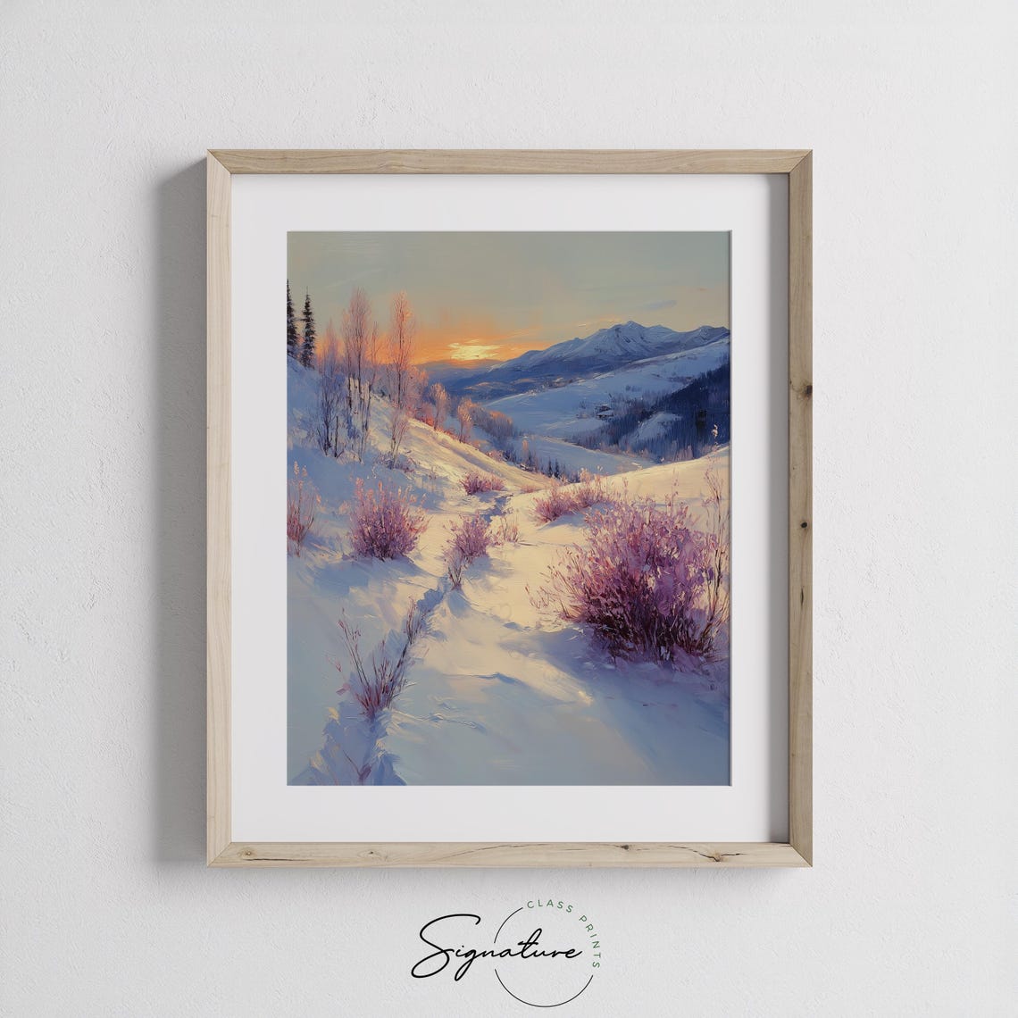Pastel Sunrise Over Snowy Hills with Pink Bushes Winter Poster - Image 2