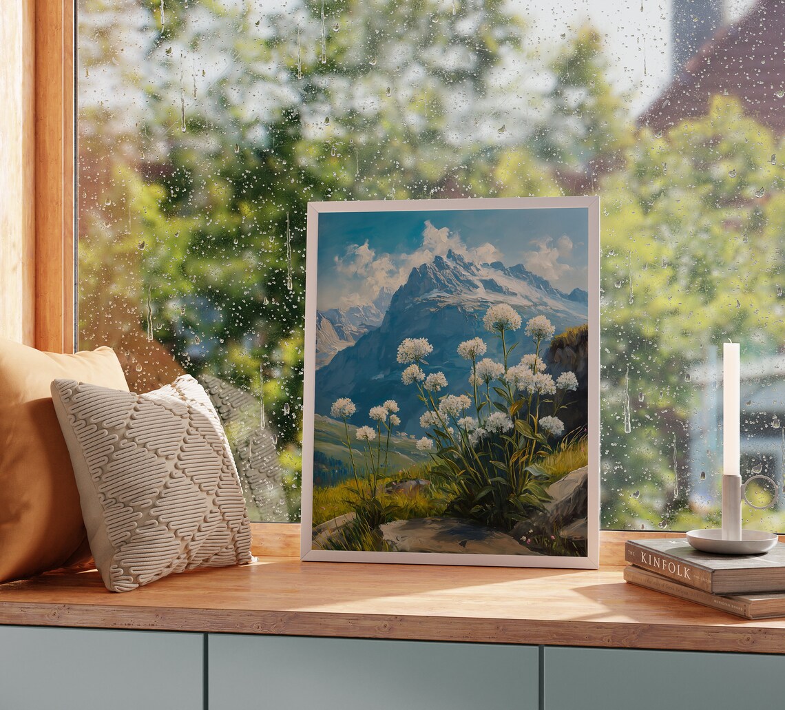 Alpine Meadow Edelweiss In Bloom Art Print, Rustic Nature - Image 2