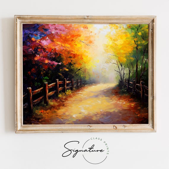 Colorful Forest Path In Autumn Painting Moody Fall Landscape Rustic Cottage Road Vibrant Wall Art Earthy Decor 1636