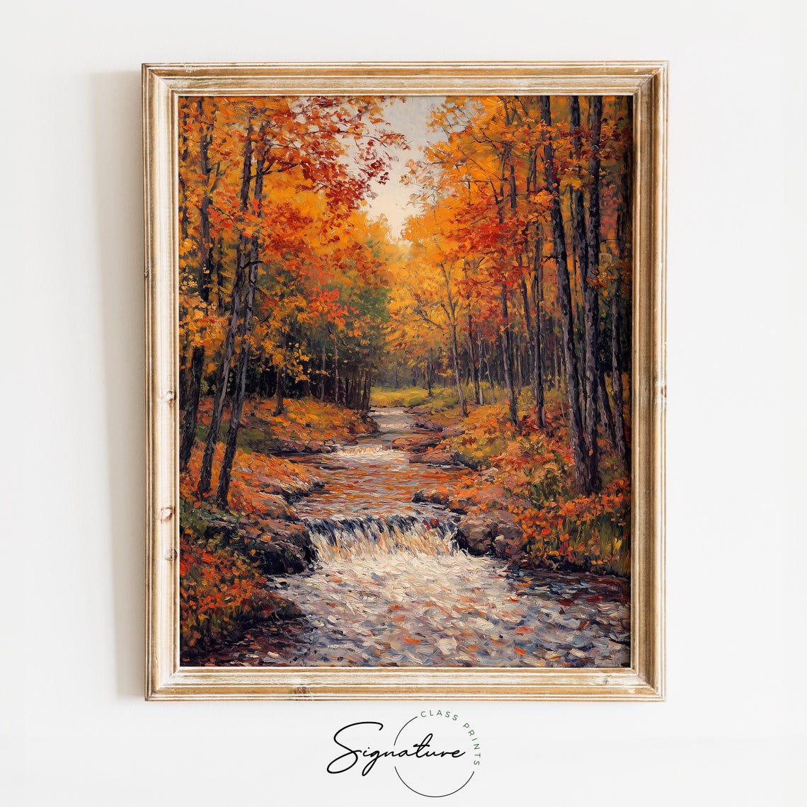 Rushing Autumn Stream Through a Forest of Flame Colored Trees Poster