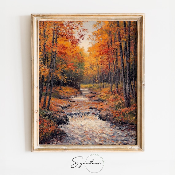 Rushing Autumn Stream Through a Forest of Flame Colored Trees Poster