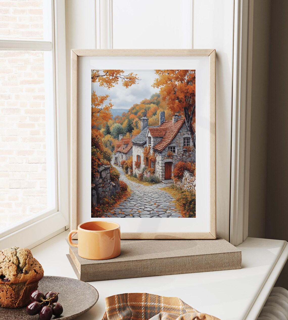 Autumn Stone Cottage Village Oil Painting Cobblestone Lane Poster - Image 6