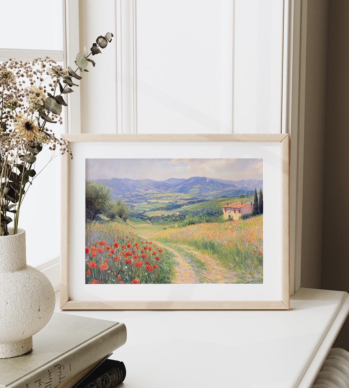 Red Poppy Path Past a Sunlit Stone Villa and Cypress Trees Poster - Image 6