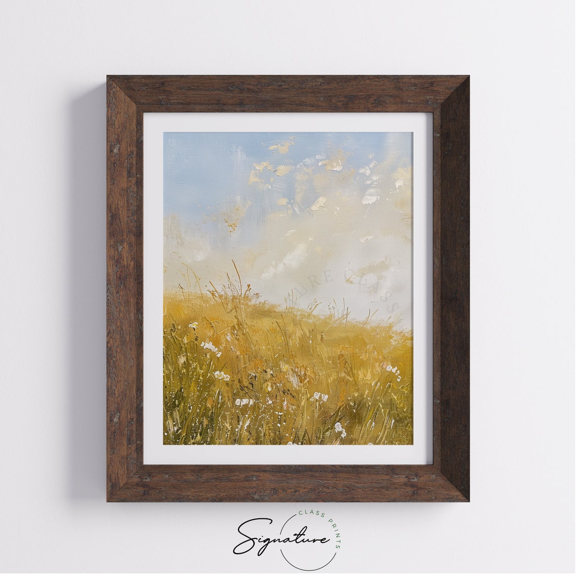 Golden Wheat Field with White Wildflowers Under Blue Sky Poster - Image 4