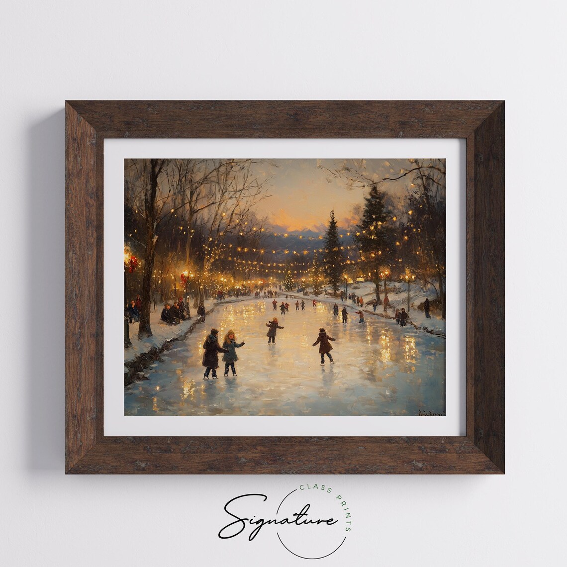 Children Ice Skating At Dusk On A Frozen Park Pond Winter Poster - Image 5