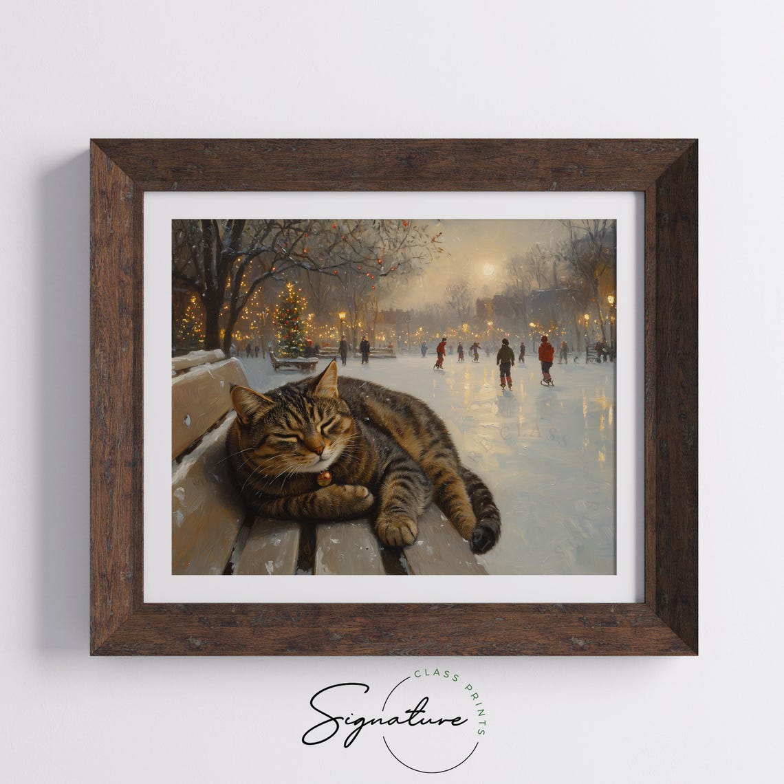 Tabby Cat Napping on a Snowy Park Bench Overlooking Ice Skaters Poster - Image 5