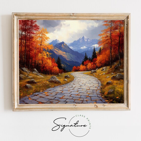 Cobblestone Trail Autumn Rocks Forest Mountain Oil Painting Poster