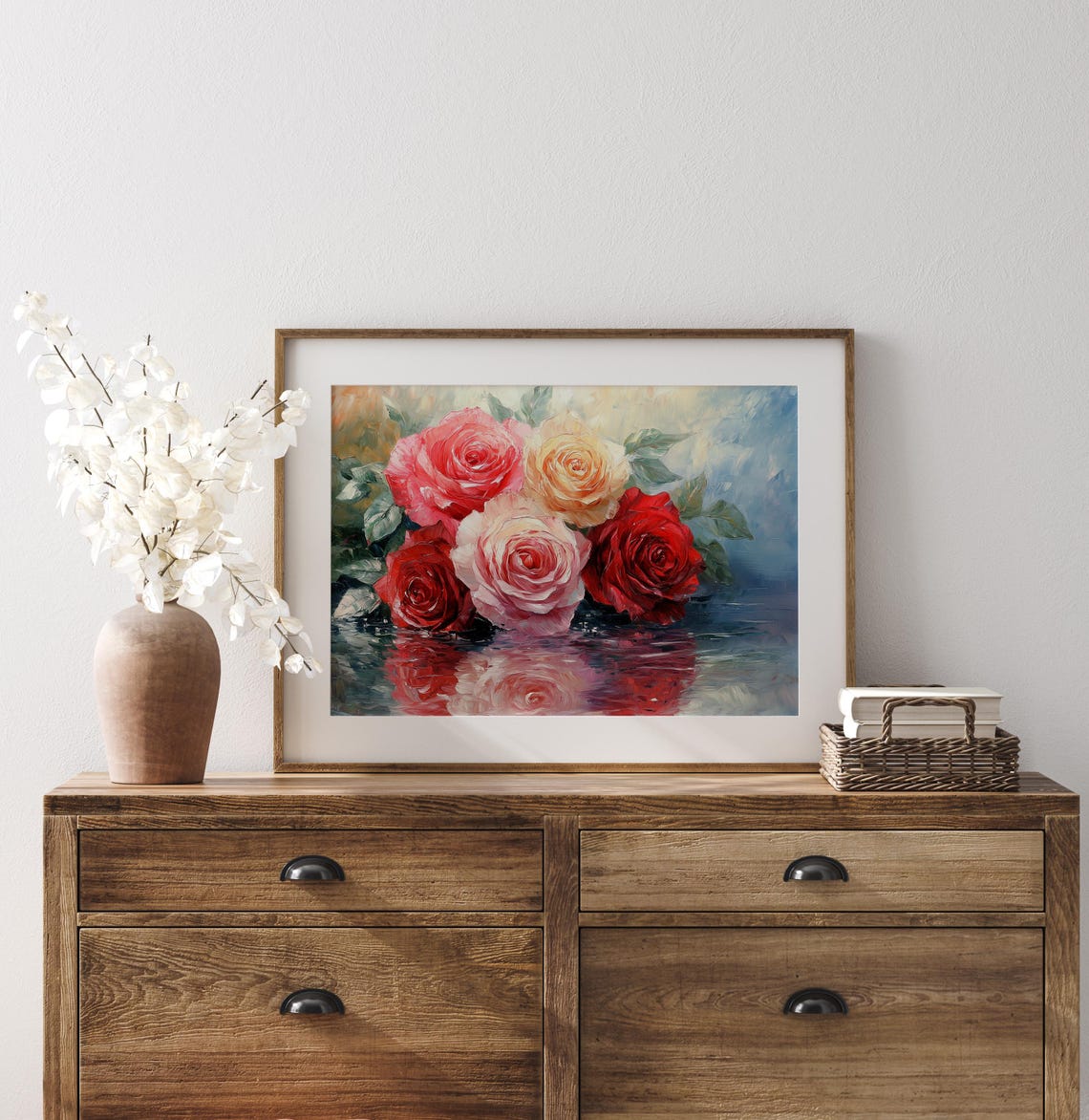 Red Pink Roses Reflection Painting Romantic Floral Wall Art Poster - Image 3