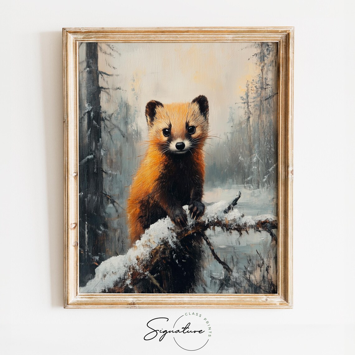 Pine Marten on Snowy Branch Winter Forest Wildlife Oil Painting Print