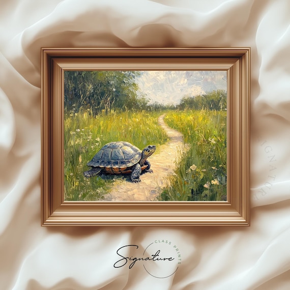 Turtle Ambling Along Meadow Path Summer Wildflower Wildlife Art Print
