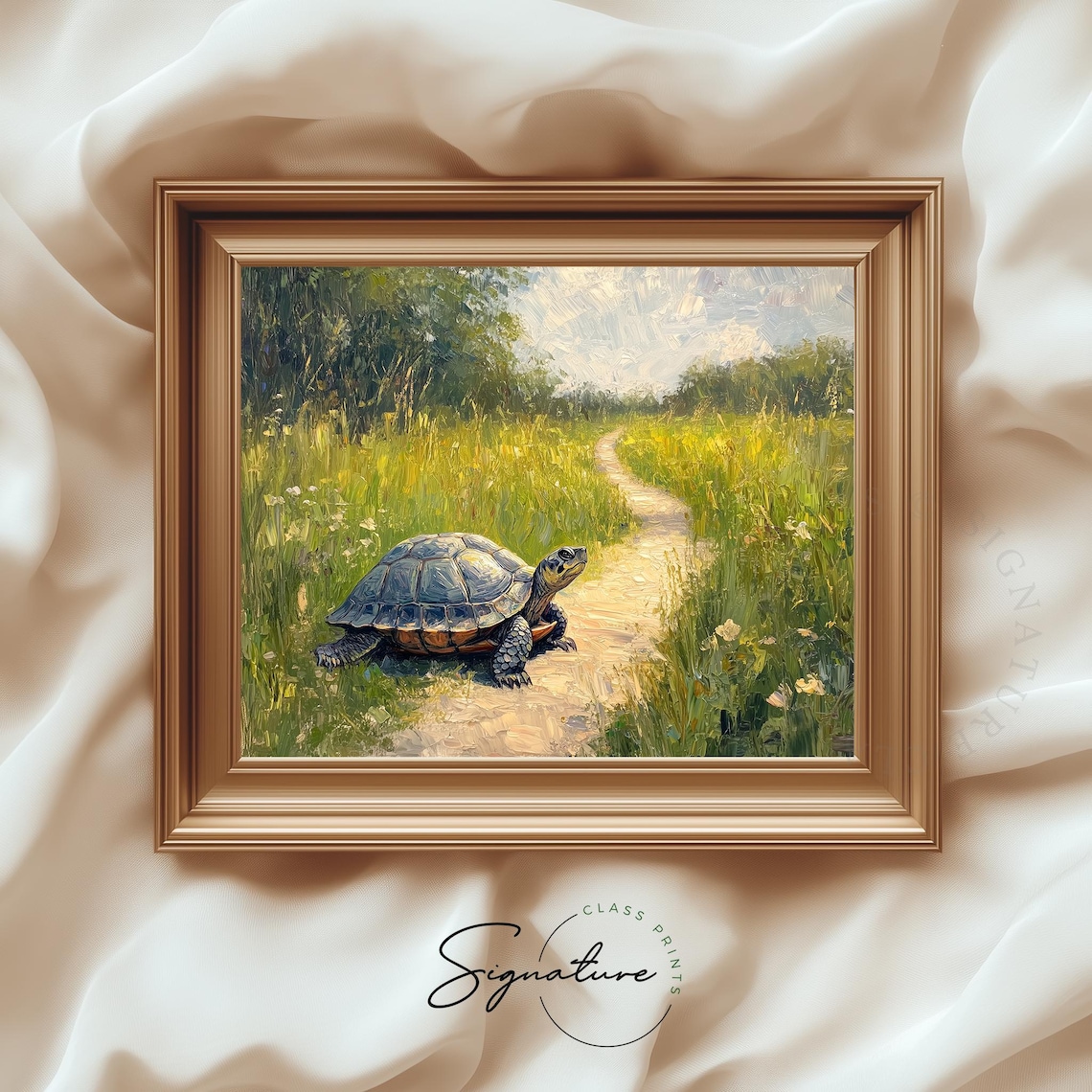 Turtle Ambling Along Meadow Path Summer Wildflower Wildlife Art Print