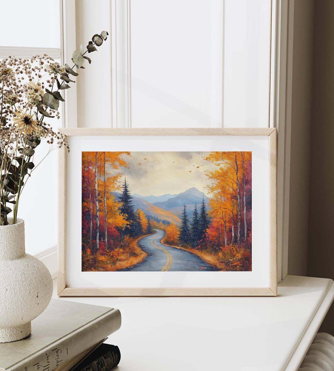 Curving Road Birch Forest Falling Leaves Mountain Oil Painting Poster - Image 6